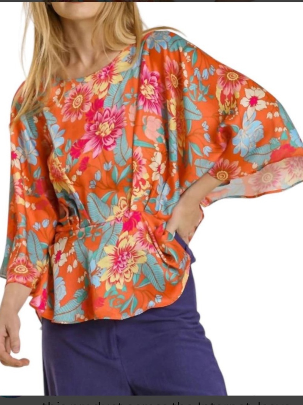 Umgee Orange Floral Flutter-Sleeve Blouse